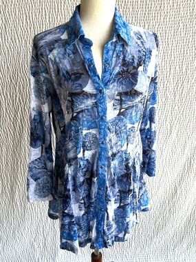 Snap Front Blue Womens Shirt L Top Ligne Panel Flare Hem Tunic 3/4 Sleeve